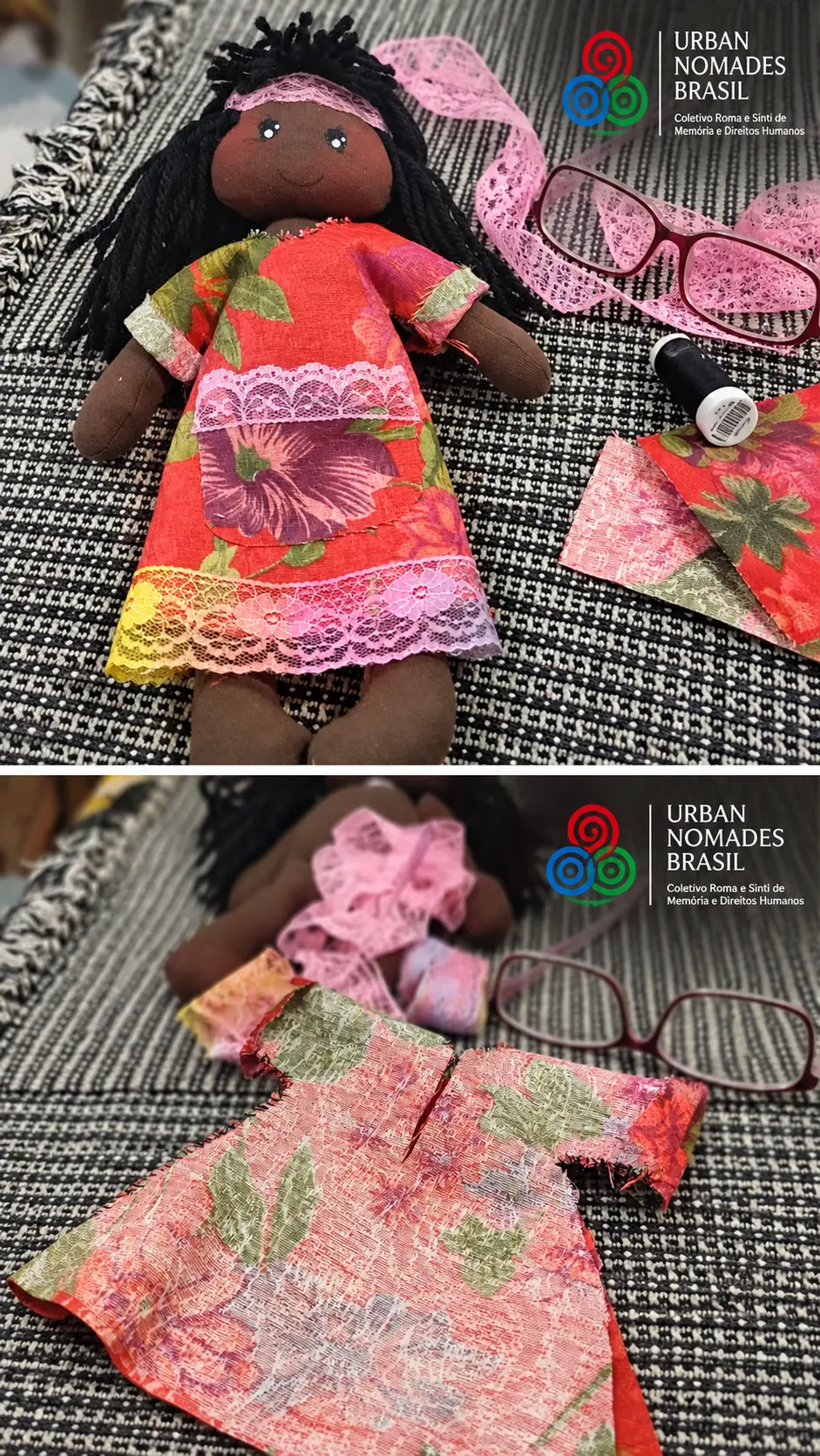 Composição com duas fotografias: a Kalinka concluída e a roupa da boneca em confecção