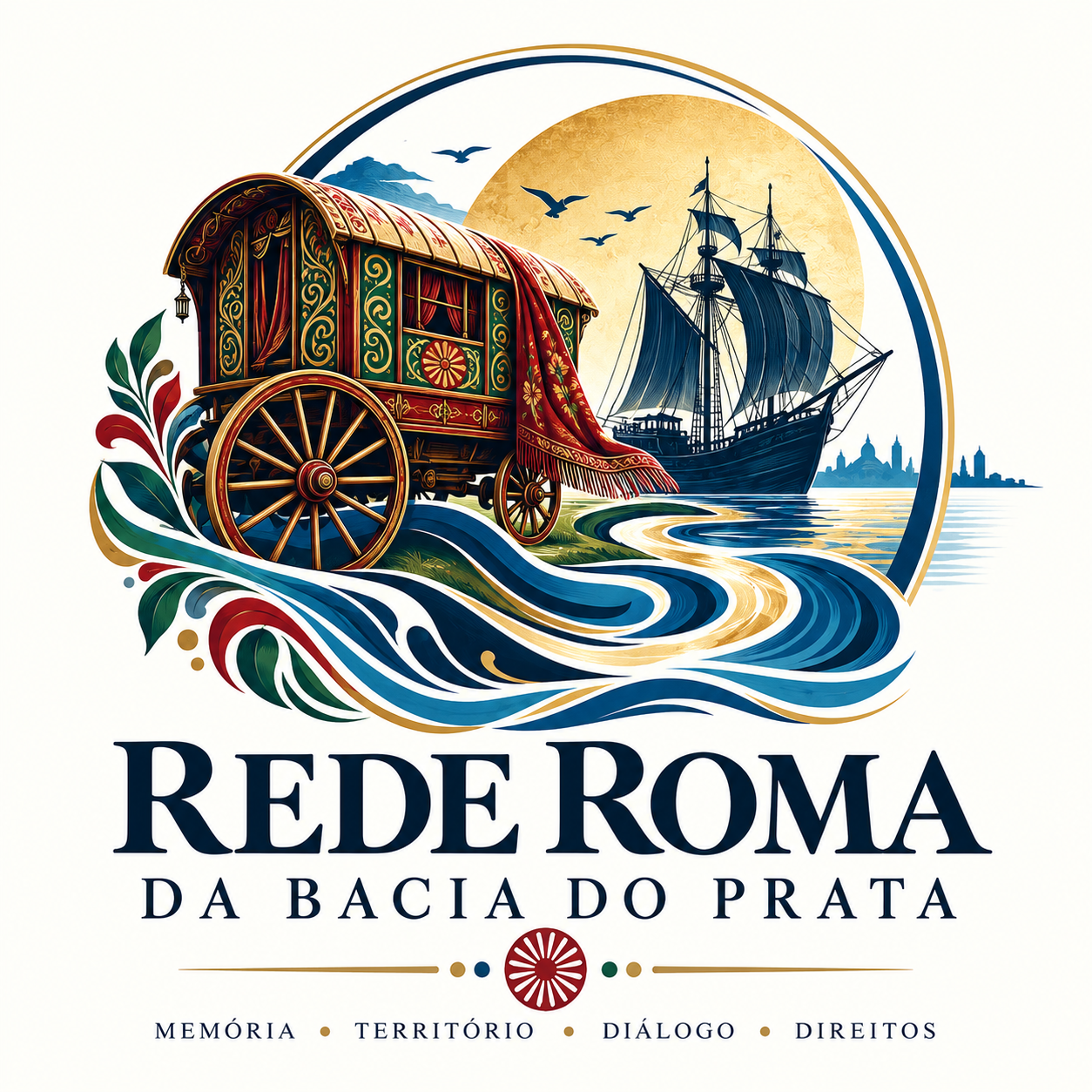 Logomarca da Rede Roma da Bacia do Prata: carroça e navio sobre águas, com a inscrição Rede Roma da Bacia do Prata — Memória, Território, Diálogo, Direitos