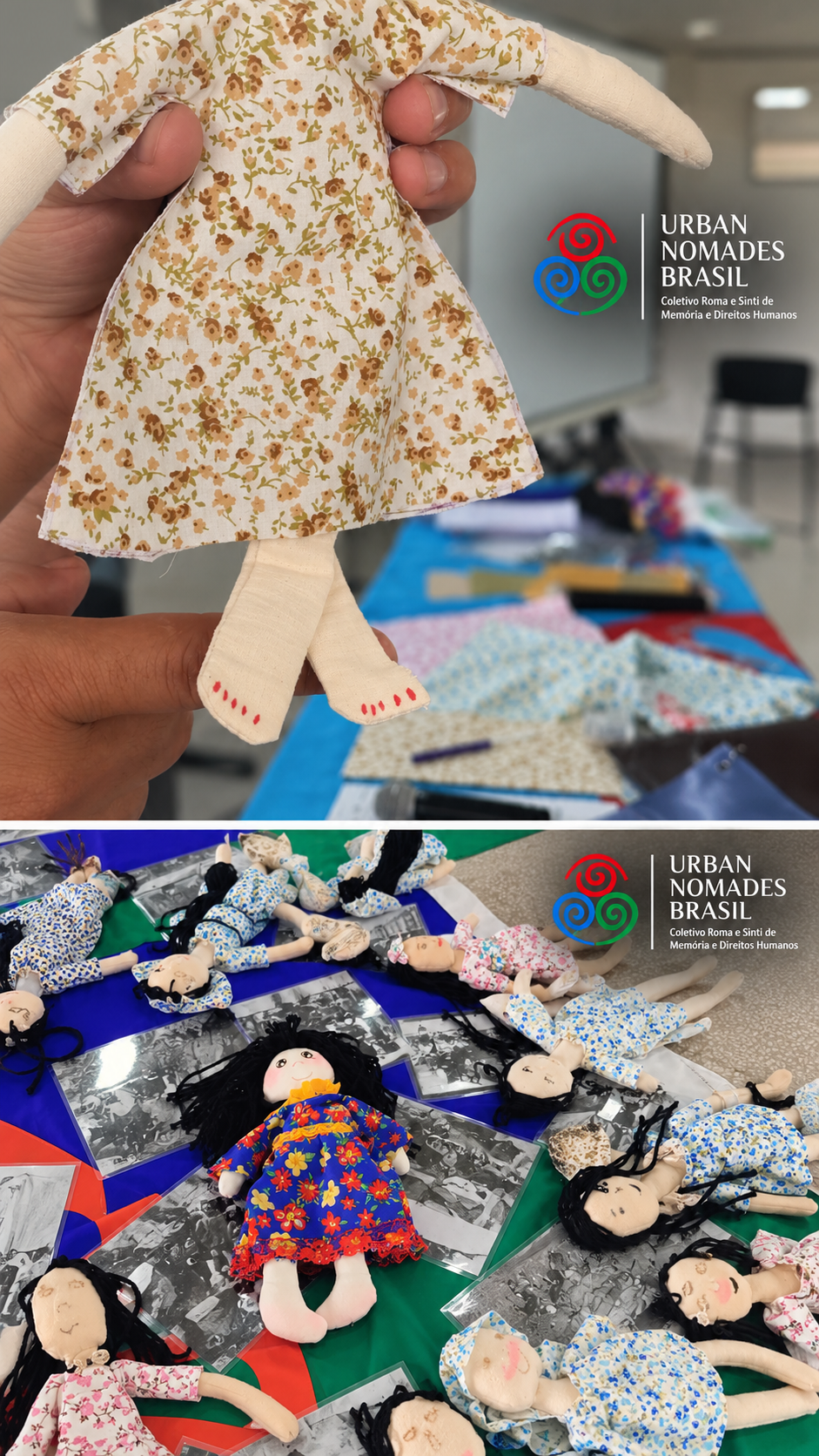 Processo de criação das bonecas de pano durante a experiência educativa.